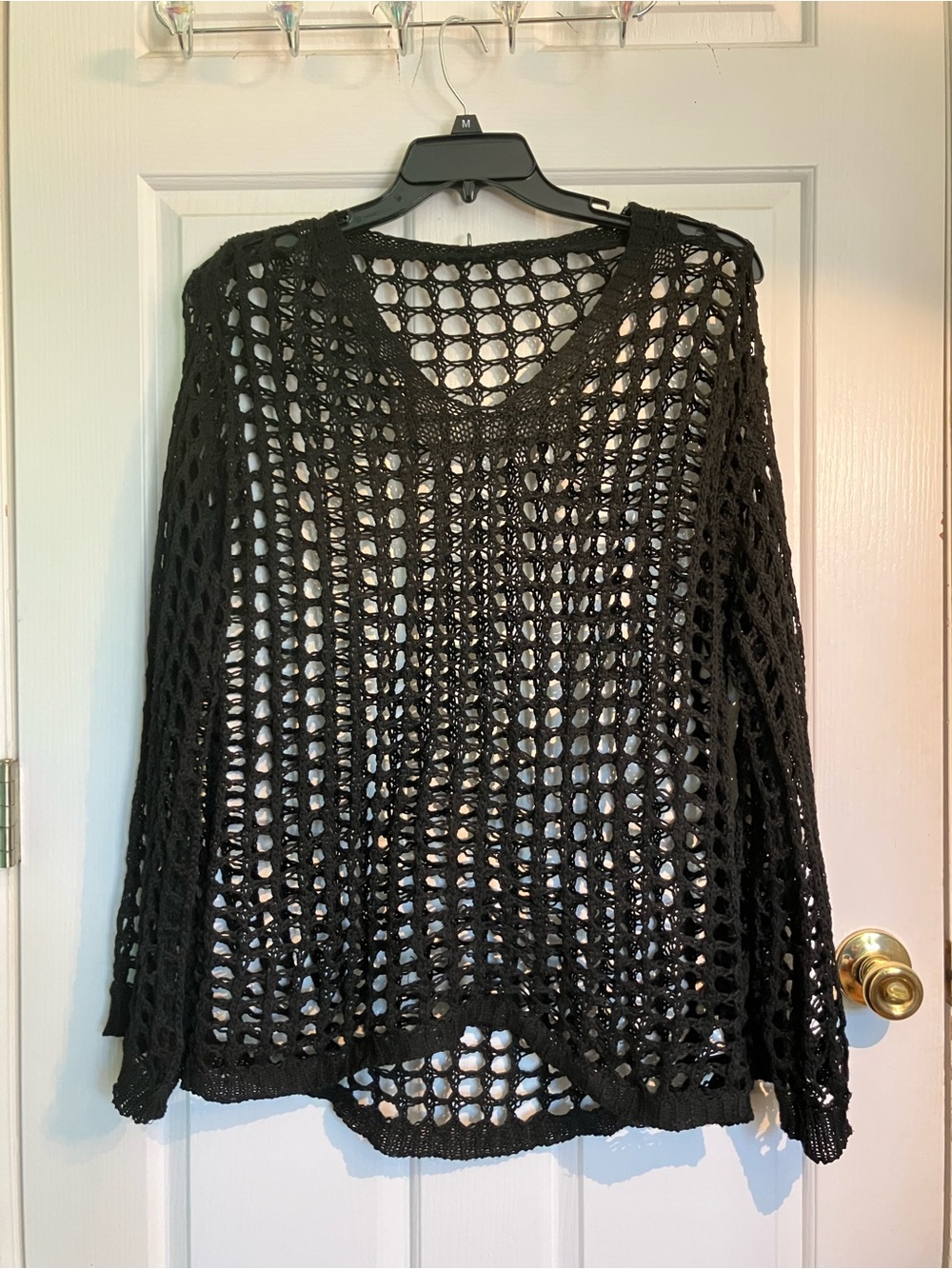 Black Open-Knit V-Neck Women's Sweater